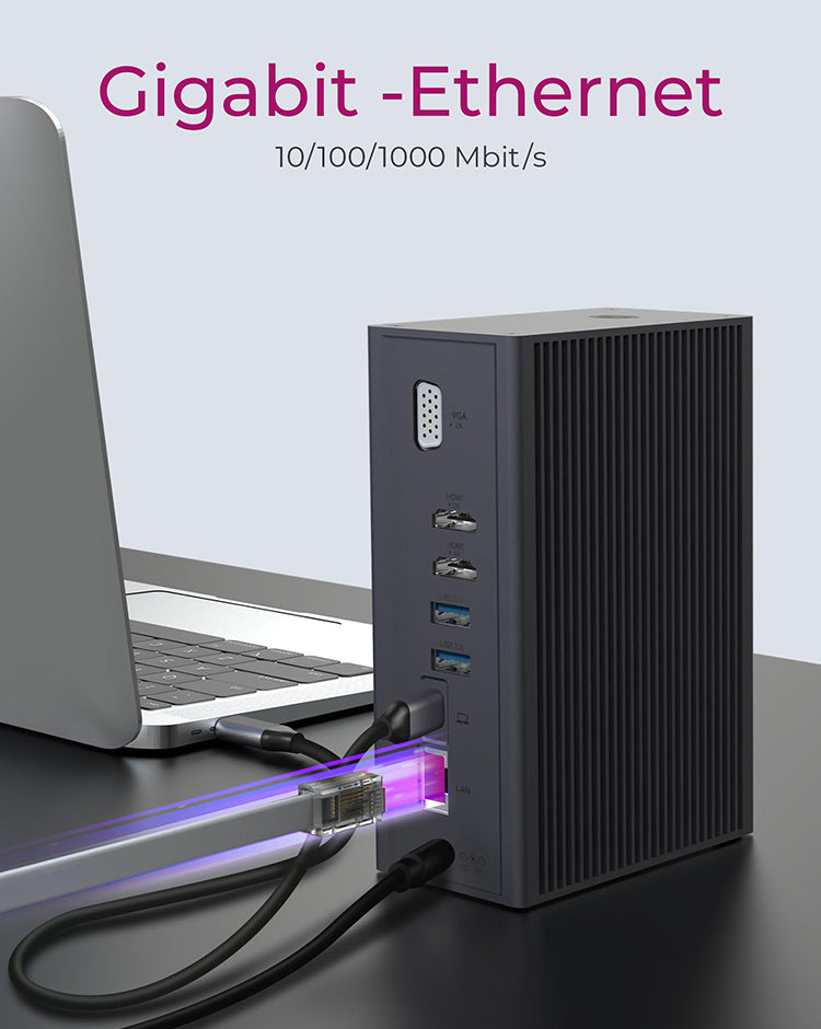 ICY BOX IB-DK2262AC, USB 3.2 Gen 1 Notebook DockingStation, USB 3.2 Gen 1 auf: 6x USB 3.2 Gen 1+2x HDMI®+1x GigabitLAN + Audio + Charger