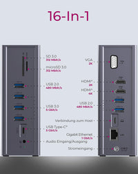ICY BOX IB-DK2262AC, USB 3.2 Gen 1 Notebook DockingStation, USB 3.2 Gen 1 auf: 6x USB 3.2 Gen 1+2x HDMI®+1x GigabitLAN + Audio + Charger