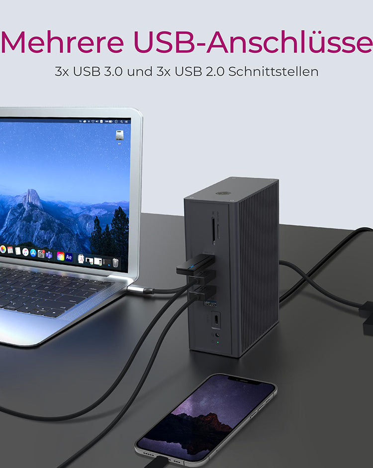 ICY BOX IB-DK2262AC, USB 3.2 Gen 1 Notebook DockingStation, USB 3.2 Gen 1 auf: 6x USB 3.2 Gen 1+2x HDMI®+1x GigabitLAN + Audio + Charger