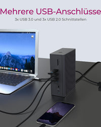 ICY BOX IB-DK2262AC, USB 3.2 Gen 1 Notebook DockingStation, USB 3.2 Gen 1 auf: 6x USB 3.2 Gen 1+2x HDMI®+1x GigabitLAN + Audio + Charger