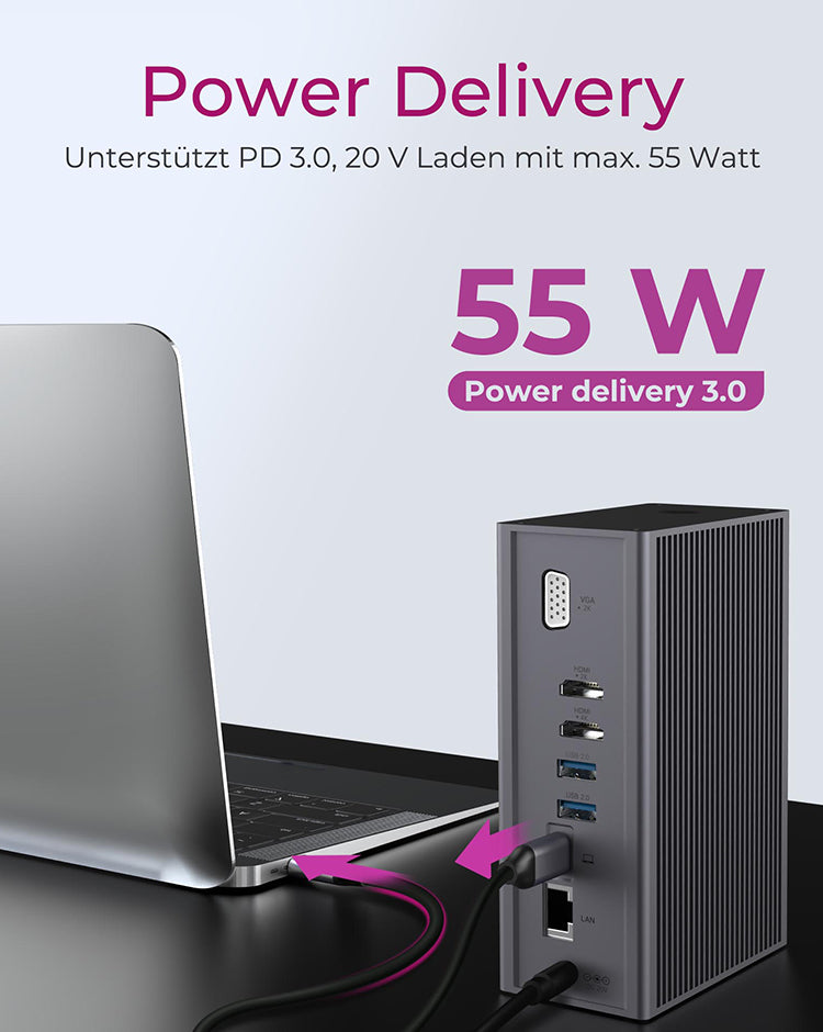 ICY BOX IB-DK2262AC, USB 3.2 Gen 1 Notebook DockingStation, USB 3.2 Gen 1 auf: 6x USB 3.2 Gen 1+2x HDMI®+1x GigabitLAN + Audio + Charger