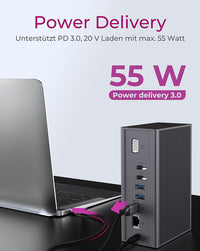 ICY BOX IB-DK2262AC, USB 3.2 Gen 1 Notebook DockingStation, USB 3.2 Gen 1 auf: 6x USB 3.2 Gen 1+2x HDMI®+1x GigabitLAN + Audio + Charger