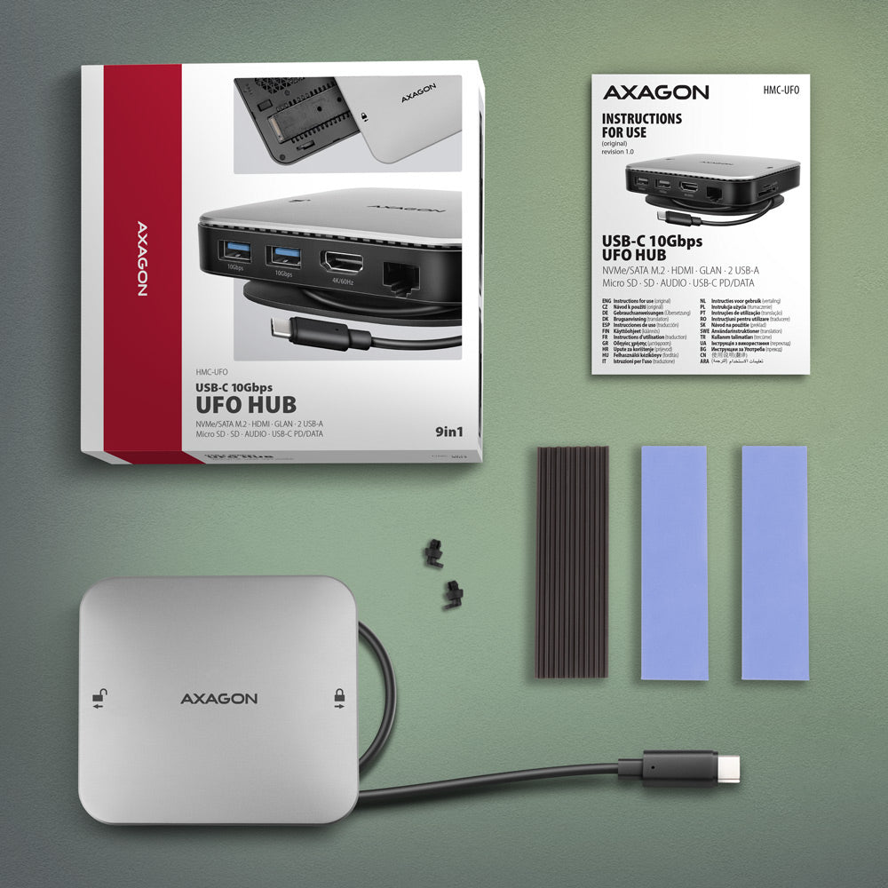 Axagon HMC-UFO USB-C Hub M.2 SATA/NVMe 1 Gbit/s Ethernet 384 kHz Audio Kabelgebunden USB 3.2 Gen 2 (3.1 Gen 2) Type-C Schwarz