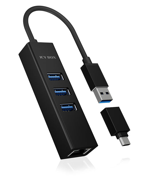 ICY BOX IB-HUB1419-LAN, USB 3.2 Gen 1 HUB und LAN Adapter, Type-A+C zu 3x USB 3.2 Gen 1 und Gigabit LAN, USB Type-A zu Type-C Adapter, Aluminium, schwarz