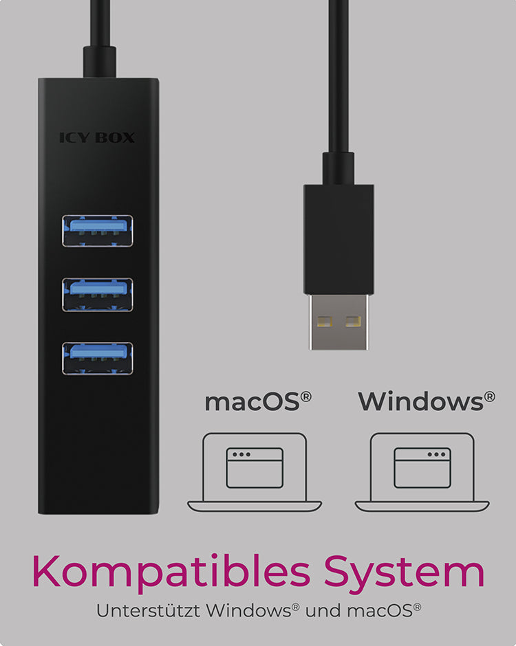 ICY BOX IB-HUB1419-LAN, USB 3.2 Gen 1 HUB und LAN Adapter, Type-A+C zu 3x USB 3.2 Gen 1 und Gigabit LAN, USB Type-A zu Type-C Adapter, Aluminium, schwarz