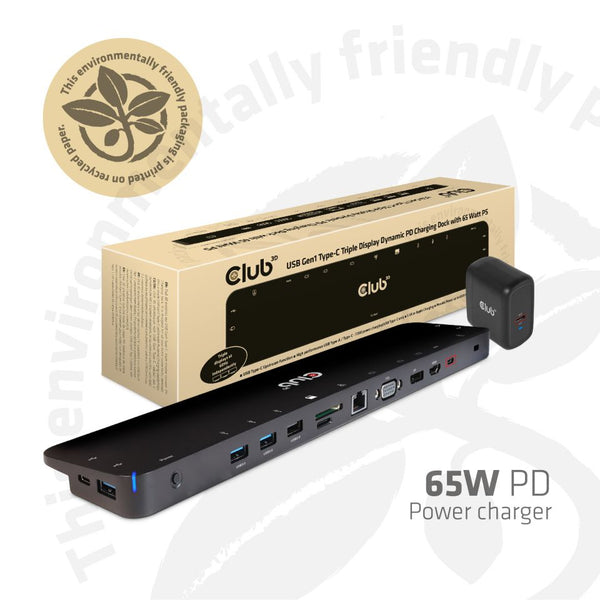 CLUB3D UNIVERSAL USB Gen1 Type-C Triple Display Dynamic PD Charging Dock with 65 Watt Power Supply (VGA, HDMI, DP, ETHERNET)
