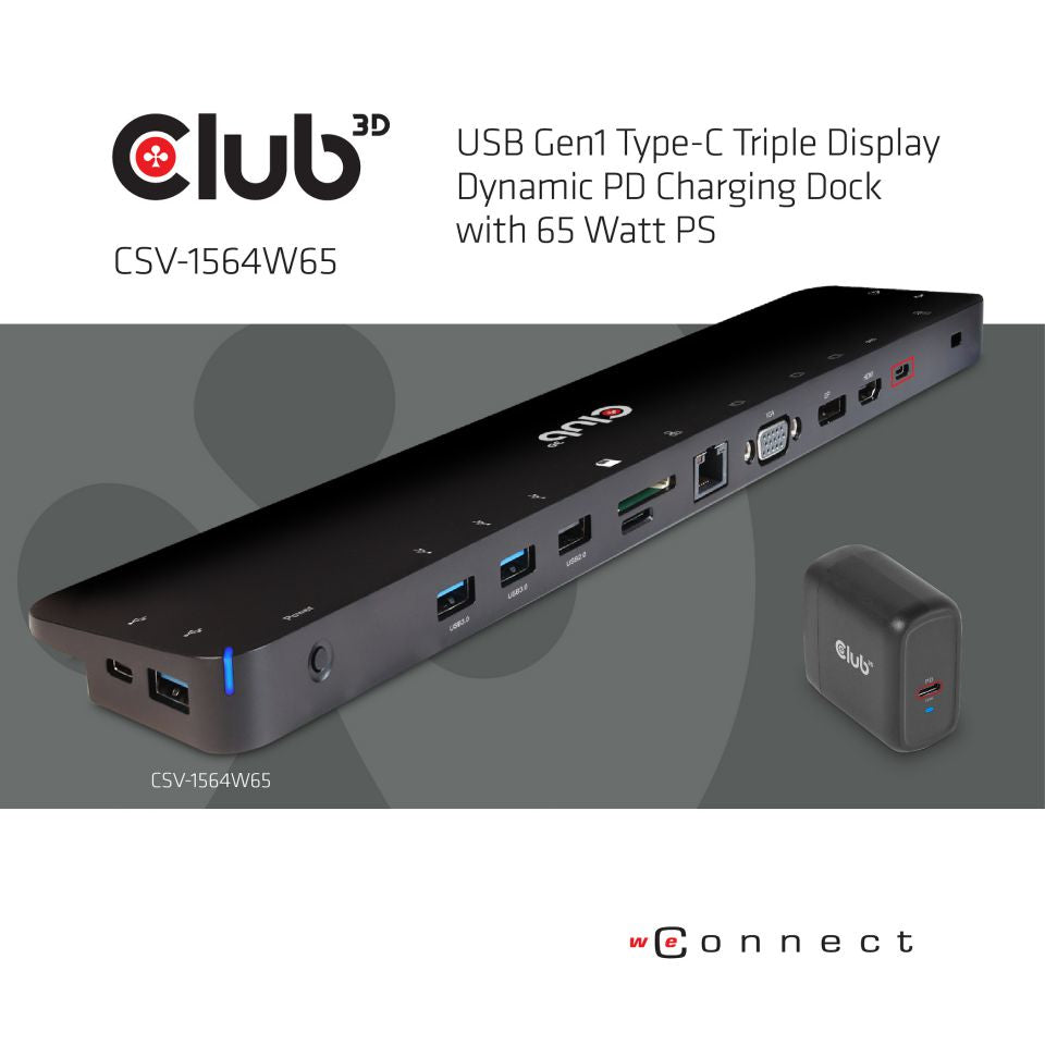 CLUB3D UNIVERSAL USB Gen1 Typ-C Triple Display Dynamic PD Ladestation mit 65 Watt PS (VGA, HDMI, DP, ETHERNET)