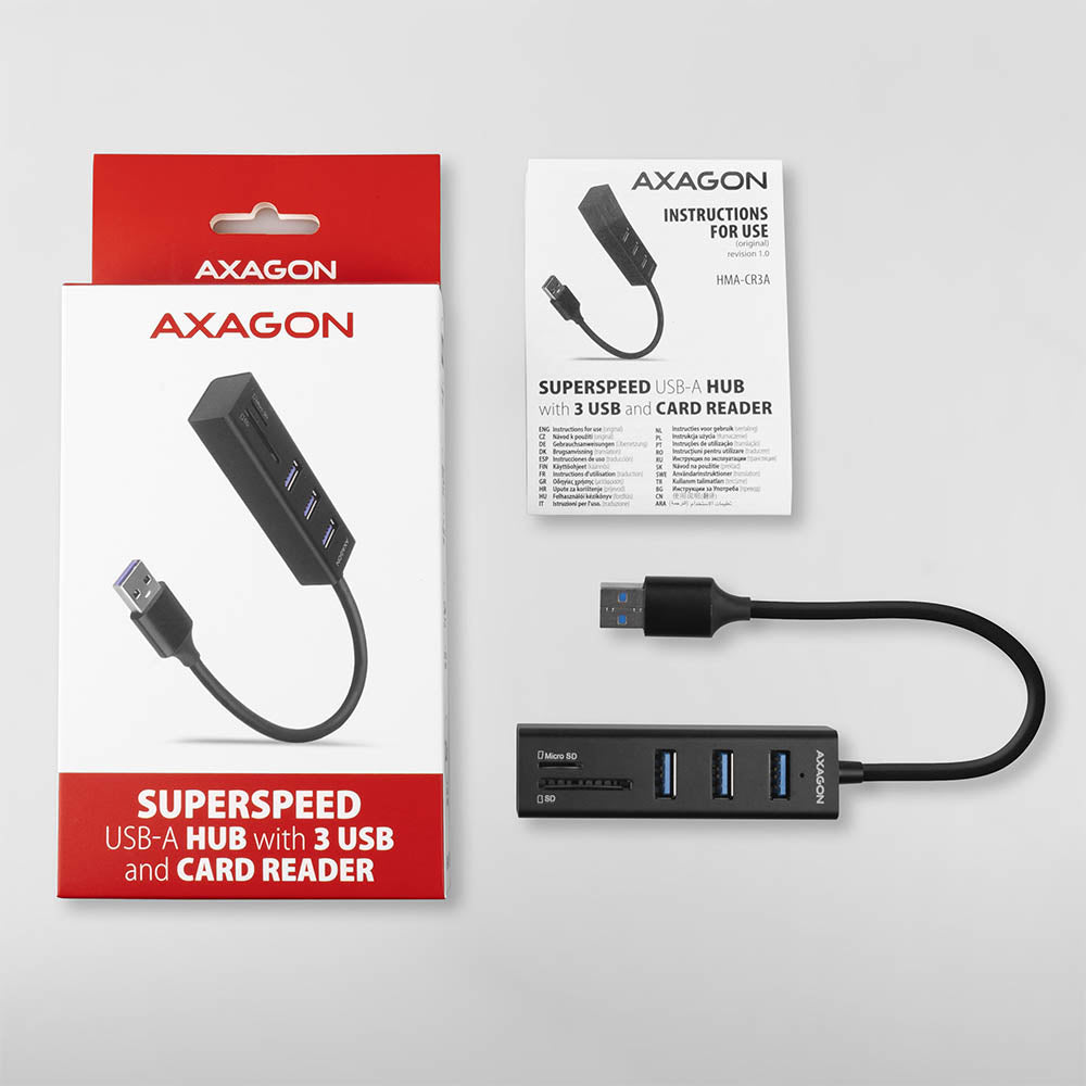 Axagon HMA-CR3A Metall-USB-3.2-Gen-1-Multiport-Hub mit drei USB-A Anschlüssen und einem Kartenleser