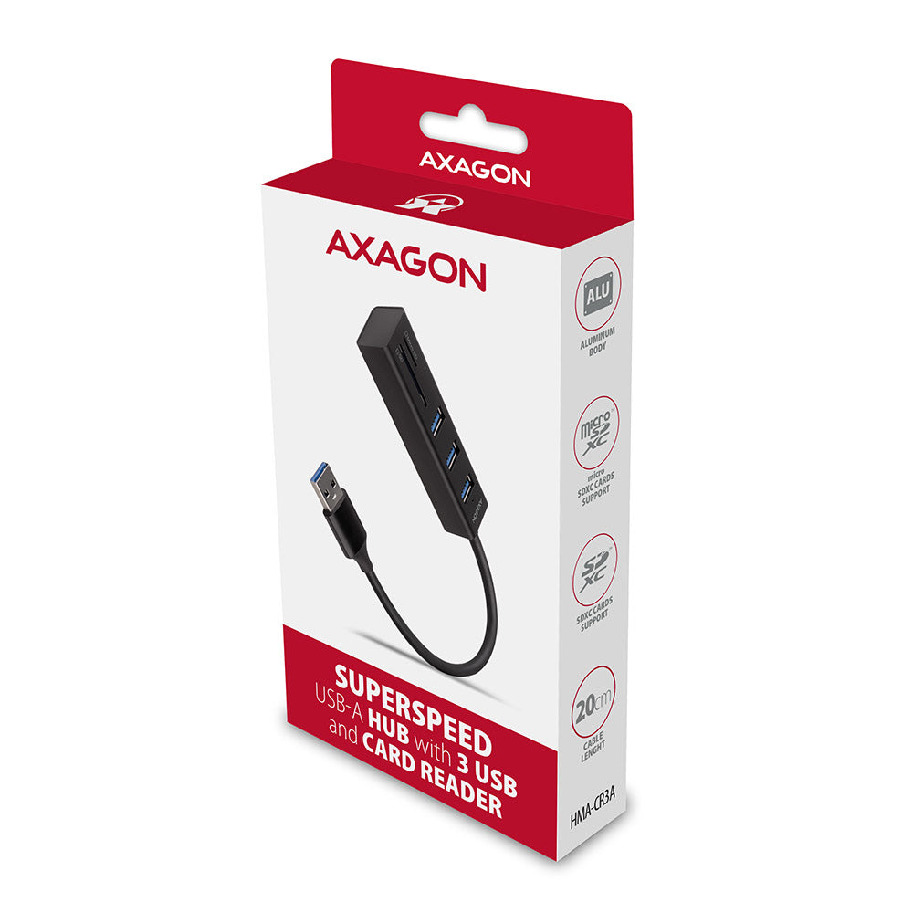 Axagon HMA-CR3A Metall-USB-3.2-Gen-1-Multiport-Hub mit drei USB-A Anschlüssen und einem Kartenleser