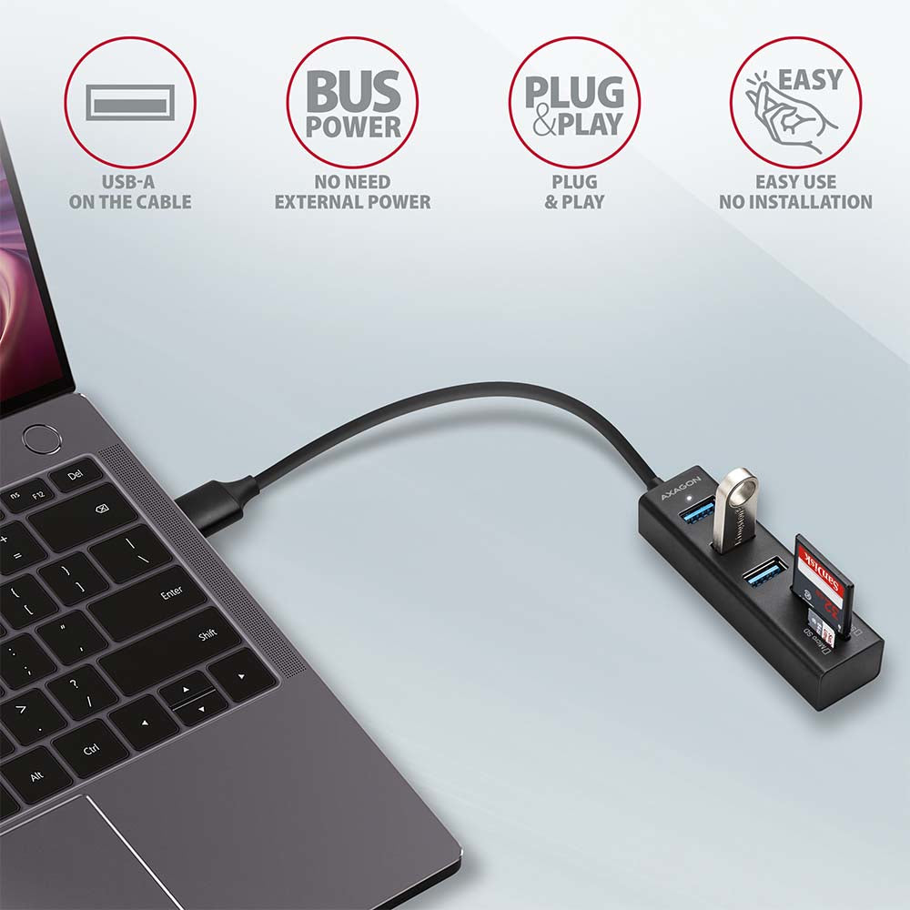 Axagon HMA-CR3A Metall-USB-3.2-Gen-1-Multiport-Hub mit drei USB-A Anschlüssen und einem Kartenleser