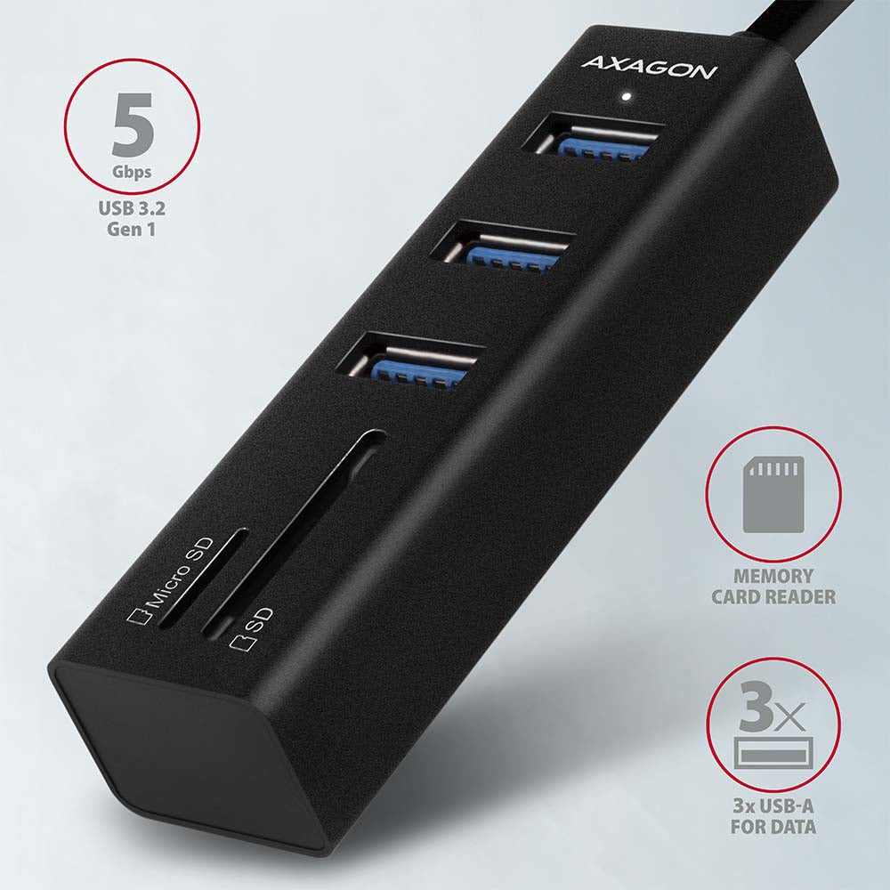 Axagon HMA-CR3A Metall-USB-3.2-Gen-1-Multiport-Hub mit drei USB-A Anschlüssen und einem Kartenleser