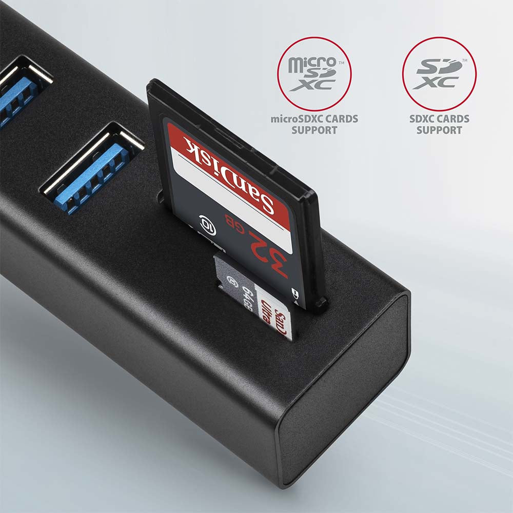 Axagon HMA-CR3A Metall-USB-3.2-Gen-1-Multiport-Hub mit drei USB-A Anschlüssen und einem Kartenleser
