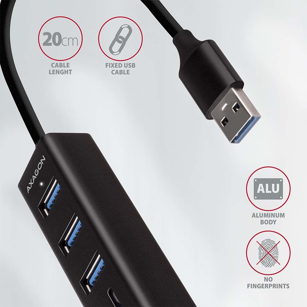 Axagon HMA-CR3A Metall-USB-3.2-Gen-1-Multiport-Hub mit drei USB-A Anschlüssen und einem Kartenleser