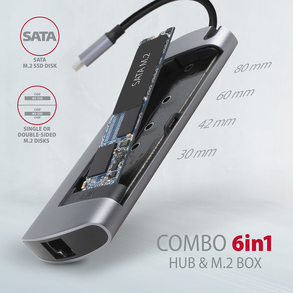 Axagon HMC-6M2 USB 3.2 Gen 1 hub, 2x USB-A, HDMI, RJ-45, SATA M.2, PD 100W, USB-C Kabel