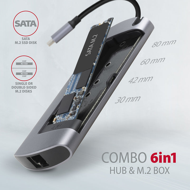 Axagon HMC-6M2 USB 3.2 Gen 1 hub, 2x USB-A, HDMI, RJ-45, SATA M.2, PD 100W, USB-C Kabel