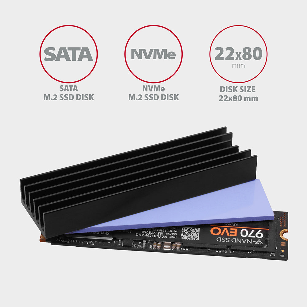 Axagon CLR-M2L10 Alu-Passivkühler für alle M.2-SSD-Festplatten Gr. 2280, Höhe 10 mm.