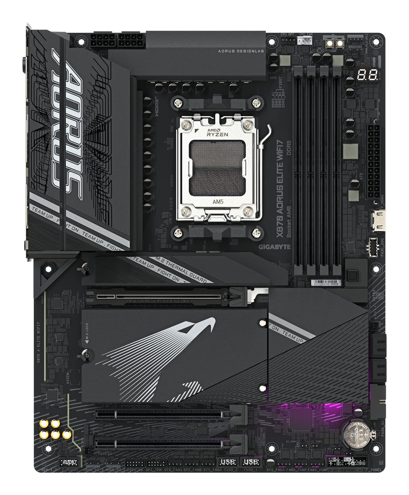 GIGABYTE X870 AORUS ELITE WIFI7 Mainboard - Unterstützt AMD Ryzen 9000 CPUs, 16+2+2 Phasen VRM, bis zu 8000MHz DDR5 (OC), 3xPCIe 5.0 + 1xPCIe 4.0, Wi-Fi 7, 2.5GbE LAN, USB 4