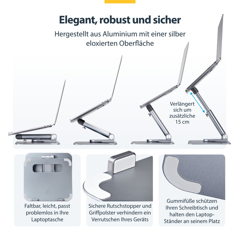 StarTech.com Ergonomischer Höhenverstellbarer Laptopständer, Dreh-Neigbarer Computerständer, Tragbare Laptophalterung-Notebookständer, bis 5kg, Aluminium Konstruktion
