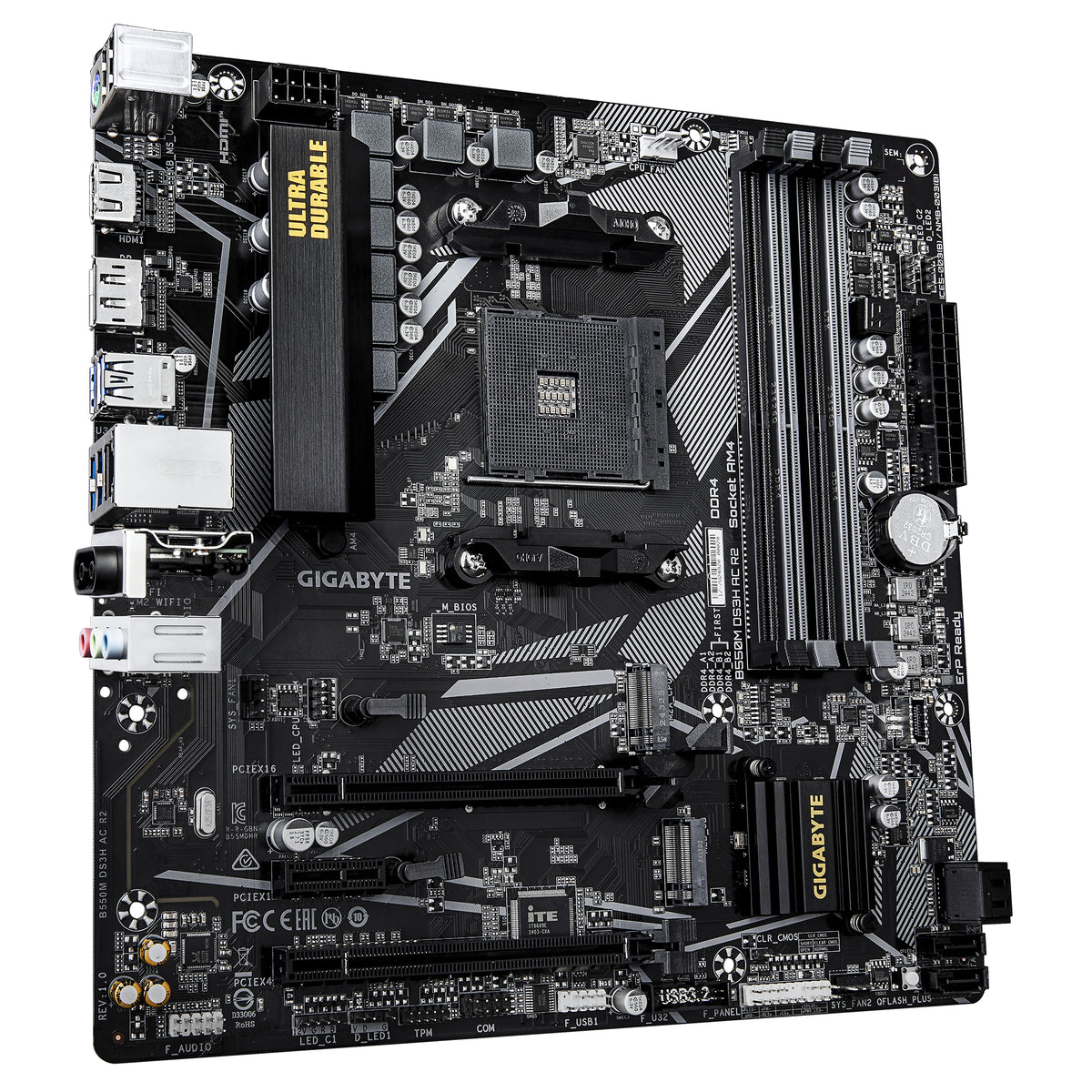 GIGABYTE B550M DS3H AC R2 Mainboard – AMD Ryzen 5000 Prozessoren, 5+3 Phasen VRM, bis zu 4733 MHz DDR4 (O.C.), 1x PCIe 4.0 + 1x PCIe 3.0 M.2, Wi-Fi 5, 1 GbE LAN, USB 3.2 Gen 1