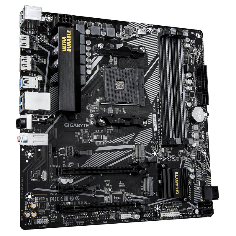 GIGABYTE B550M DS3H AC R2 Mainboard – AMD Ryzen 5000 Prozessoren, 5+3 Phasen VRM, bis zu 4733 MHz DDR4 (O.C.), 1x PCIe 4.0 + 1x PCIe 3.0 M.2, Wi-Fi 5, 1 GbE LAN, USB 3.2 Gen 1