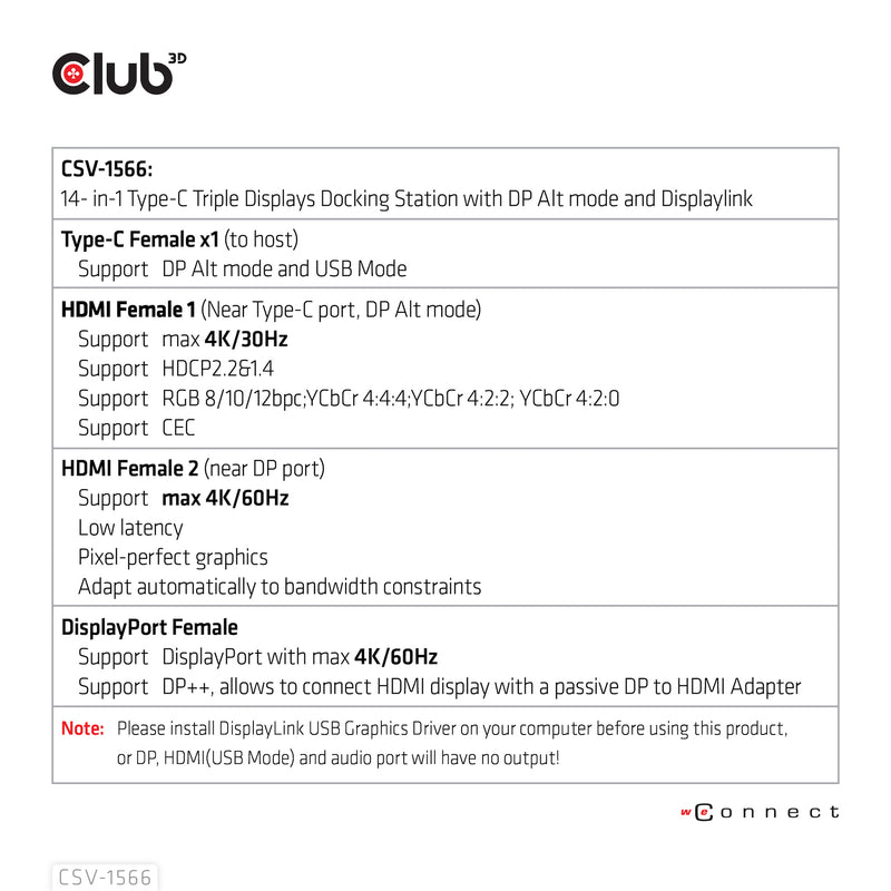 CLUB3D USB Gen1 Typ-C Triple Display DP Alt-Modus Displaylink Dynamic PD Ladestation mit 120 Watt PS
