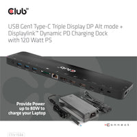 CLUB3D USB Gen1 Typ-C Triple Display DP Alt-Modus Displaylink Dynamic PD Ladestation mit 120 Watt PS