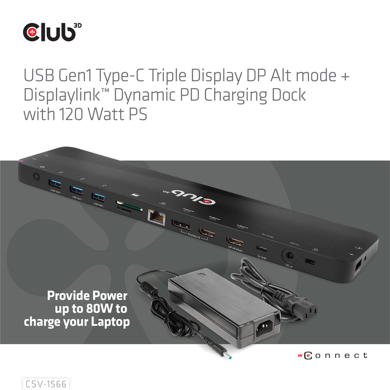 CLUB3D USB Gen1 Typ-C Triple Display DP Alt-Modus Displaylink Dynamic PD Ladestation mit 120 Watt PS