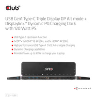 CLUB3D USB Gen1 Typ-C Triple Display DP Alt-Modus Displaylink Dynamic PD Ladestation mit 120 Watt PS