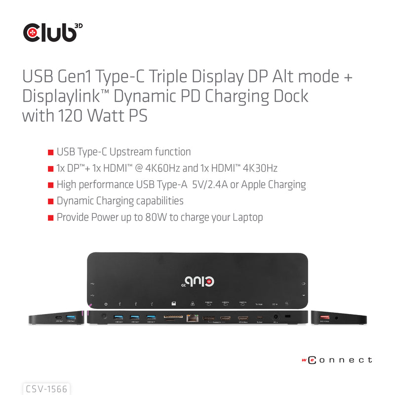CLUB3D USB Gen1 Typ-C Triple Display DP Alt-Modus Displaylink Dynamic PD Ladestation mit 120 Watt PS