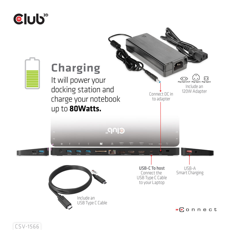 CLUB3D USB Gen1 Typ-C Triple Display DP Alt-Modus Displaylink Dynamic PD Ladestation mit 120 Watt PS