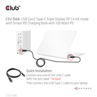 CLUB3D Universal Docking station Metal casing 1x USB Gen2 Type-C (data) 2x USB Gen2 Type-A Female 1x USB Gen1 Type-A Female 1x USB Type-A (RED) Smart Charging port 5V/2.4A Max. • 2x HDMI™ (DP Alt Mode) 1x DP™ (DP Alt Mode) hdr 1x VGA 1x RJ45+ 120 Watt