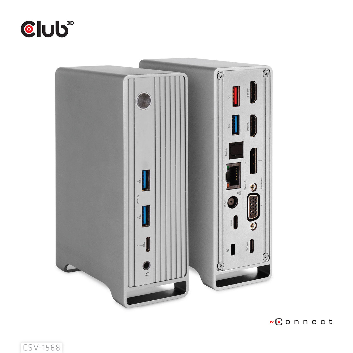 CLUB3D Universal Docking station Metal casing 1x USB Gen2 Type-C (data) 2x USB Gen2 Type-A Female 1x USB Gen1 Type-A Female 1x USB Type-A (RED) Smart Charging port 5V/2.4A Max. • 2x HDMI™ (DP Alt Mode) 1x DP™ (DP Alt Mode) hdr 1x VGA 1x RJ45+ 120 Watt