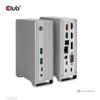 CLUB3D Universal Docking station Metal casing 1x USB Gen2 Type-C (data) 2x USB Gen2 Type-A Female 1x USB Gen1 Type-A Female 1x USB Type-A (RED) Smart Charging port 5V/2.4A Max. • 2x HDMI™ (DP Alt Mode) 1x DP™ (DP Alt Mode) hdr 1x VGA 1x RJ45+ 120 Watt
