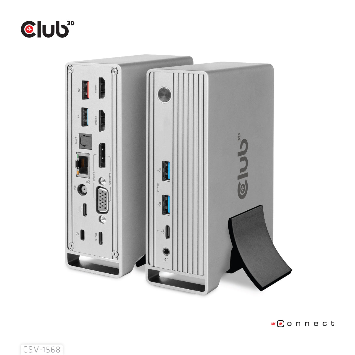 CLUB3D Universal Docking station Metal casing 1x USB Gen2 Type-C (data) 2x USB Gen2 Type-A Female 1x USB Gen1 Type-A Female 1x USB Type-A (RED) Smart Charging port 5V/2.4A Max. • 2x HDMI™ (DP Alt Mode) 1x DP™ (DP Alt Mode) hdr 1x VGA 1x RJ45+ 120 Watt