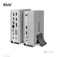 CLUB3D Universal Docking station Metal casing 1x USB Gen2 Type-C (data) 2x USB Gen2 Type-A Female 1x USB Gen1 Type-A Female 1x USB Type-A (RED) Smart Charging port 5V/2.4A Max. • 2x HDMI™ (DP Alt Mode) 1x DP™ (DP Alt Mode) hdr 1x VGA 1x RJ45+ 120 Watt