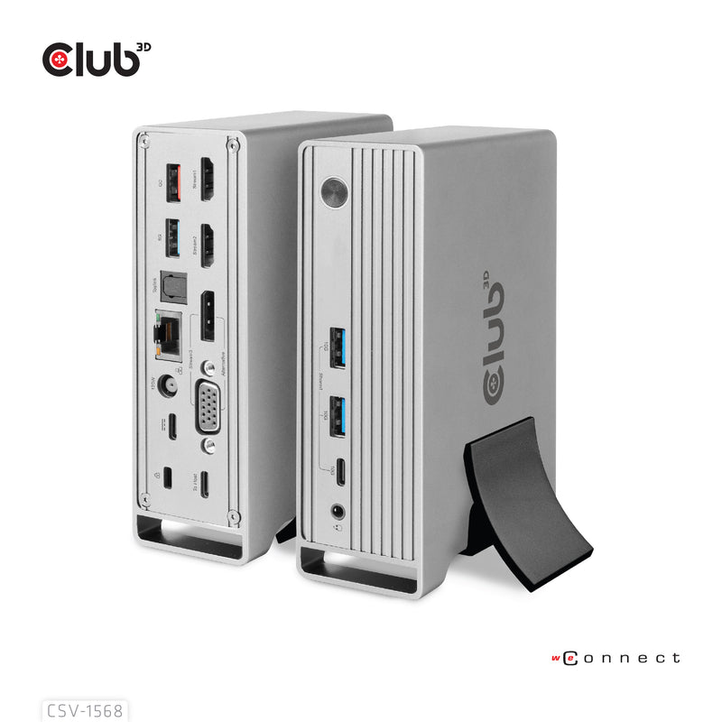 CLUB3D Universal Docking station Metal casing 1x USB Gen2 Type-C (data) 2x USB Gen2 Type-A Female 1x USB Gen1 Type-A Female 1x USB Type-A (RED) Smart Charging port 5V/2.4A Max. • 2x HDMI™ (DP Alt Mode) 1x DP™ (DP Alt Mode) hdr 1x VGA 1x RJ45+ 120 Watt