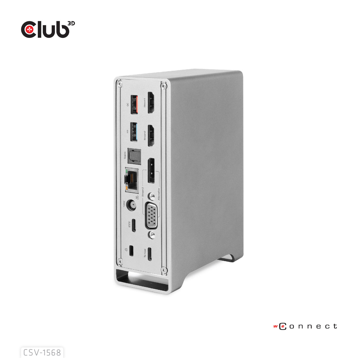 CLUB3D Universal Docking station Metal casing 1x USB Gen2 Type-C (data) 2x USB Gen2 Type-A Female 1x USB Gen1 Type-A Female 1x USB Type-A (RED) Smart Charging port 5V/2.4A Max. • 2x HDMI™ (DP Alt Mode) 1x DP™ (DP Alt Mode) hdr 1x VGA 1x RJ45+ 120 Watt