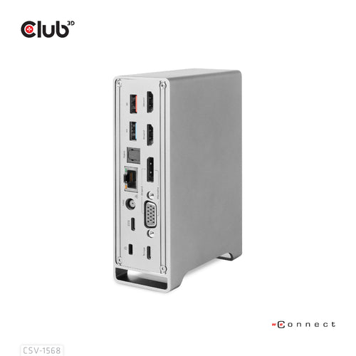 CLUB3D Universal Docking station Metal casing 1x USB Gen2 Type-C (data) 2x USB Gen2 Type-A Female 1x USB Gen1 Type-A Female 1x USB Type-A (RED) Smart Charging port 5V/2.4A Max. • 2x HDMI™ (DP Alt Mode) 1x DP™ (DP Alt Mode) hdr 1x VGA 1x RJ45+ 120 Watt