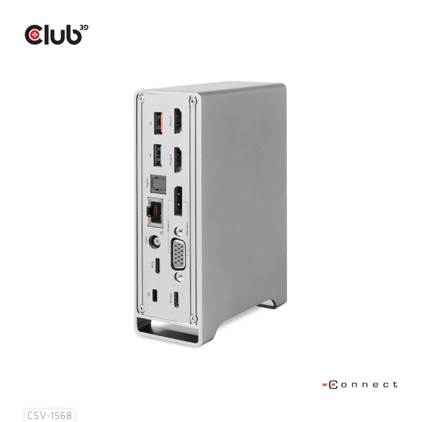 CLUB3D Universal Docking station Metal casing 1x USB Gen2 Type-C (data) 2x USB Gen2 Type-A Female 1x USB Gen1 Type-A Female 1x USB Type-A (RED) Smart Charging port 5V/2.4A Max. • 2x HDMI™ (DP Alt Mode) 1x DP™ (DP Alt Mode) hdr 1x VGA 1x RJ45+ 120 Watt