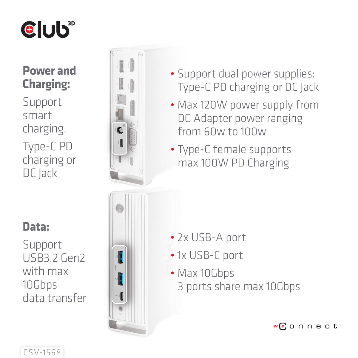 CLUB3D Universal Docking station Metal casing 1x USB Gen2 Type-C (data) 2x USB Gen2 Type-A Female 1x USB Gen1 Type-A Female 1x USB Type-A (RED) Smart Charging port 5V/2.4A Max. • 2x HDMI™ (DP Alt Mode) 1x DP™ (DP Alt Mode) hdr 1x VGA 1x RJ45+ 120 Watt