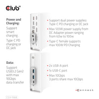 CLUB3D Universal Docking station Metal casing 1x USB Gen2 Type-C (data) 2x USB Gen2 Type-A Female 1x USB Gen1 Type-A Female 1x USB Type-A (RED) Smart Charging port 5V/2.4A Max. • 2x HDMI™ (DP Alt Mode) 1x DP™ (DP Alt Mode) hdr 1x VGA 1x RJ45+ 120 Watt