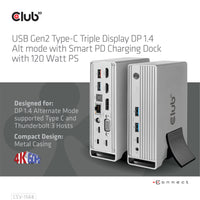 CLUB3D Universal Docking station Metal casing 1x USB Gen2 Type-C (data) 2x USB Gen2 Type-A Female 1x USB Gen1 Type-A Female 1x USB Type-A (RED) Smart Charging port 5V/2.4A Max. • 2x HDMI™ (DP Alt Mode) 1x DP™ (DP Alt Mode) hdr 1x VGA 1x RJ45+ 120 Watt