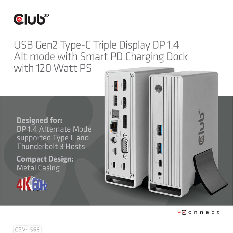 CLUB3D Universal Docking station Metal casing 1x USB Gen2 Type-C (data) 2x USB Gen2 Type-A Female 1x USB Gen1 Type-A Female 1x USB Type-A (RED) Smart Charging port 5V/2.4A Max. • 2x HDMI™ (DP Alt Mode) 1x DP™ (DP Alt Mode) hdr 1x VGA 1x RJ45+ 120 Watt
