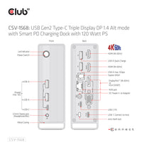 CLUB3D Universal Docking station Metal casing 1x USB Gen2 Type-C (data) 2x USB Gen2 Type-A Female 1x USB Gen1 Type-A Female 1x USB Type-A (RED) Smart Charging port 5V/2.4A Max. • 2x HDMI™ (DP Alt Mode) 1x DP™ (DP Alt Mode) hdr 1x VGA 1x RJ45+ 120 Watt