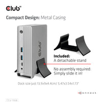 CLUB3D Universal Docking station Metal casing 1x USB Gen2 Type-C (data) 2x USB Gen2 Type-A Female 1x USB Gen1 Type-A Female 1x USB Type-A (RED) Smart Charging port 5V/2.4A Max. • 2x HDMI™ (DP Alt Mode) 1x DP™ (DP Alt Mode) hdr 1x VGA 1x RJ45+ 120 Watt