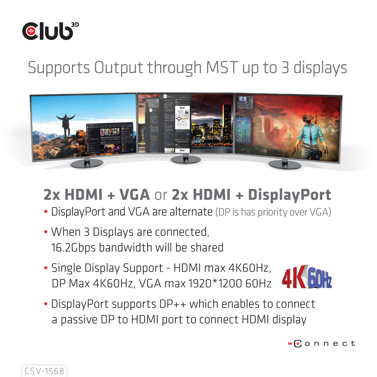 CLUB3D Universal Docking station Metal casing 1x USB Gen2 Type-C (data) 2x USB Gen2 Type-A Female 1x USB Gen1 Type-A Female 1x USB Type-A (RED) Smart Charging port 5V/2.4A Max. • 2x HDMI™ (DP Alt Mode) 1x DP™ (DP Alt Mode) hdr 1x VGA 1x RJ45+ 120 Watt