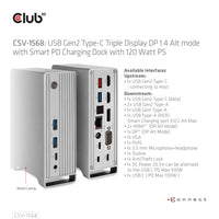 CLUB3D Universal Docking station Metal casing 1x USB Gen2 Type-C (data) 2x USB Gen2 Type-A Female 1x USB Gen1 Type-A Female 1x USB Type-A (RED) Smart Charging port 5V/2.4A Max. • 2x HDMI™ (DP Alt Mode) 1x DP™ (DP Alt Mode) hdr 1x VGA 1x RJ45+ 120 Watt