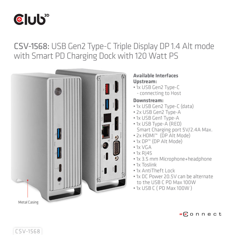 CLUB3D Universal Docking station Metal casing 1x USB Gen2 Type-C (data) 2x USB Gen2 Type-A Female 1x USB Gen1 Type-A Female 1x USB Type-A (RED) Smart Charging port 5V/2.4A Max. • 2x HDMI™ (DP Alt Mode) 1x DP™ (DP Alt Mode) hdr 1x VGA 1x RJ45+ 120 Watt