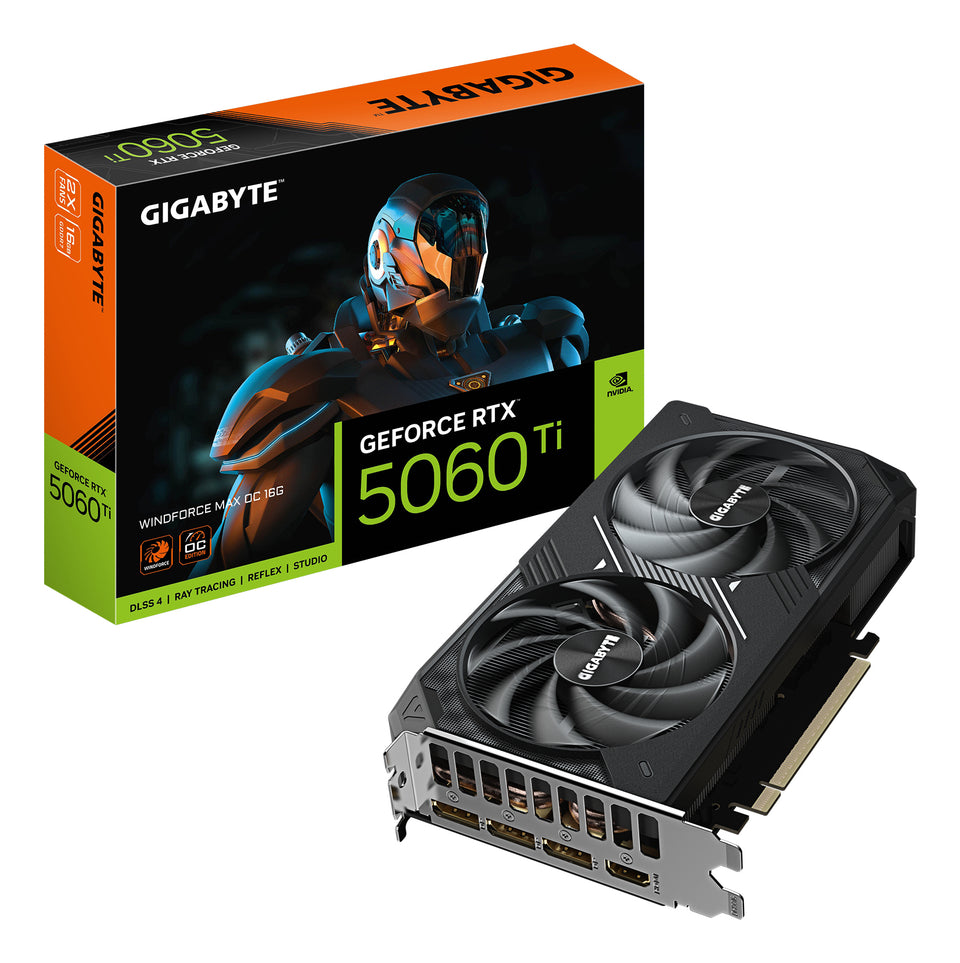 Scheda grafica GIGABYTE GeForce RTX 5060 Ti WINDFORCE MAX OC 16G – 16 GB GDDR7, 128 bit, PCI-E 5.0, frequenza core 2587 MHz, 3 x DisplayPort, 1 x HDMI, NVIDIA DLSS 4, GV-N506TWF2MAX OC-16GD