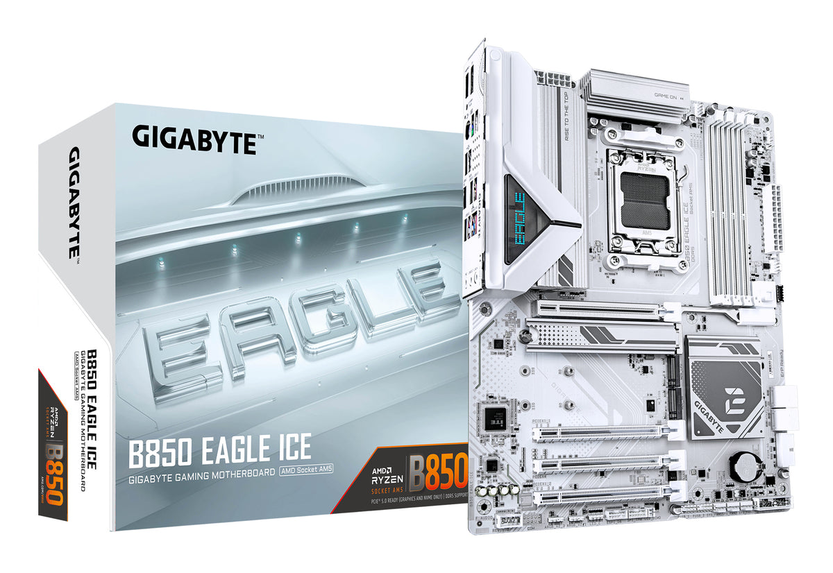 GIGABYTE B850 EAGLE ICE Mainboard – AMD Ryzen 9000 Serien-Prozessoren, 8+2+2 Phasen Digital-VRM, bis zu 8200 MHz DDR5 (O.C), 1 x PCIe 5.0 M.2 + 2 x PCIe 4.0 M.2, 2.5 GbE LAN, USB 3.2 Gen 2